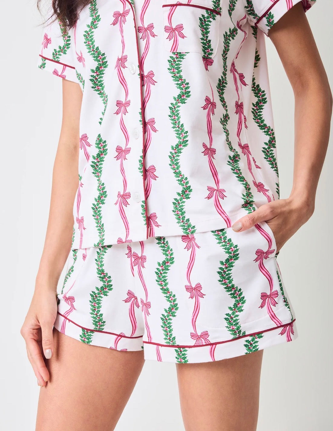 Printfresh "Ribbons & Bows" Organic Pima Modal Knit Short PJ Set-Vanilla Cream