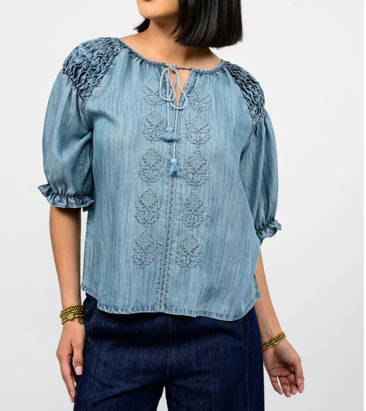 Ivy Jane Smocked Sleeve Top- Denim Blue