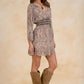 Elan “Cheyenne” L/S V-Neck Dress-Tan/Brown Print