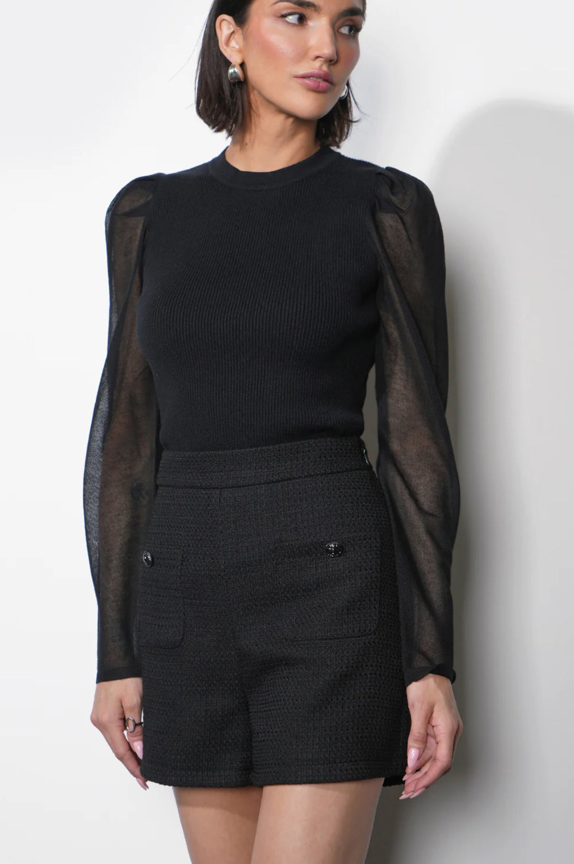 Greylin "Honey" Sheer Sleeve Sweater Top-Black