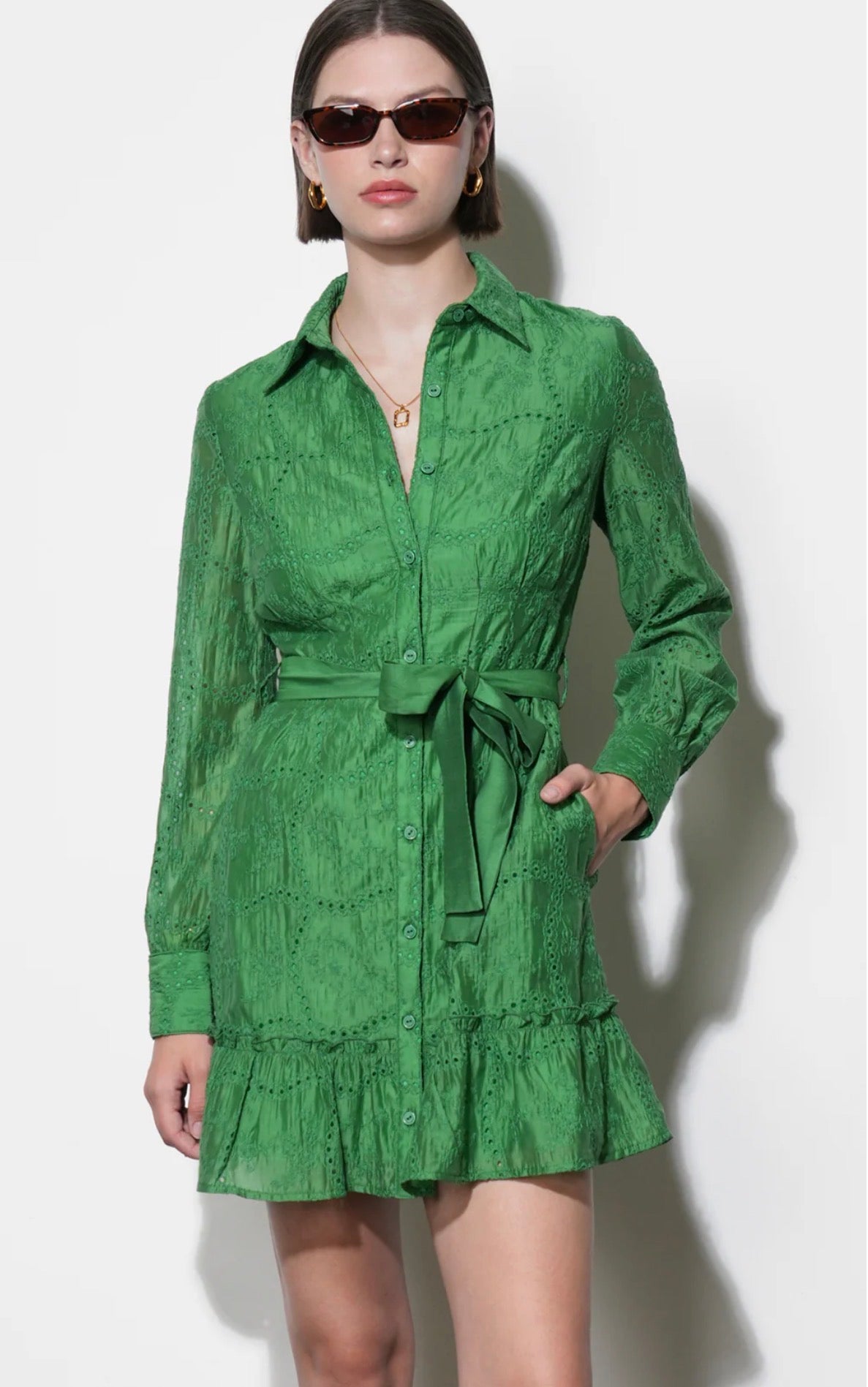 Greylin "Tabitha" Embroidered Cinched Waist Mini Dress-Retro Green