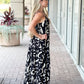 KLD "Lange" V-Neck Printed Maxi Dress-Black