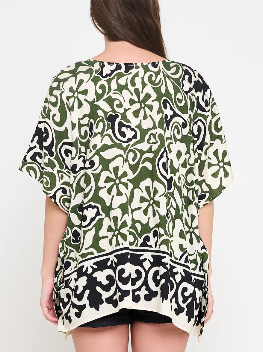 Meet Me In Santorini "Olive Scroll” Tunic Top-Black/Green