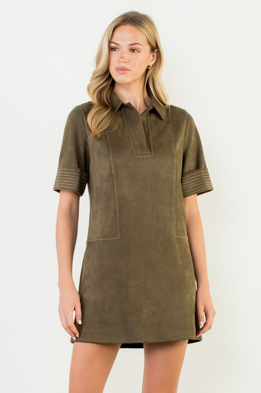 THML "Clare" S/S Collared Faux Suede Dress-Olive