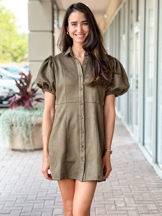 THML Regan Puffed Sleeve Suede Dress-Olive