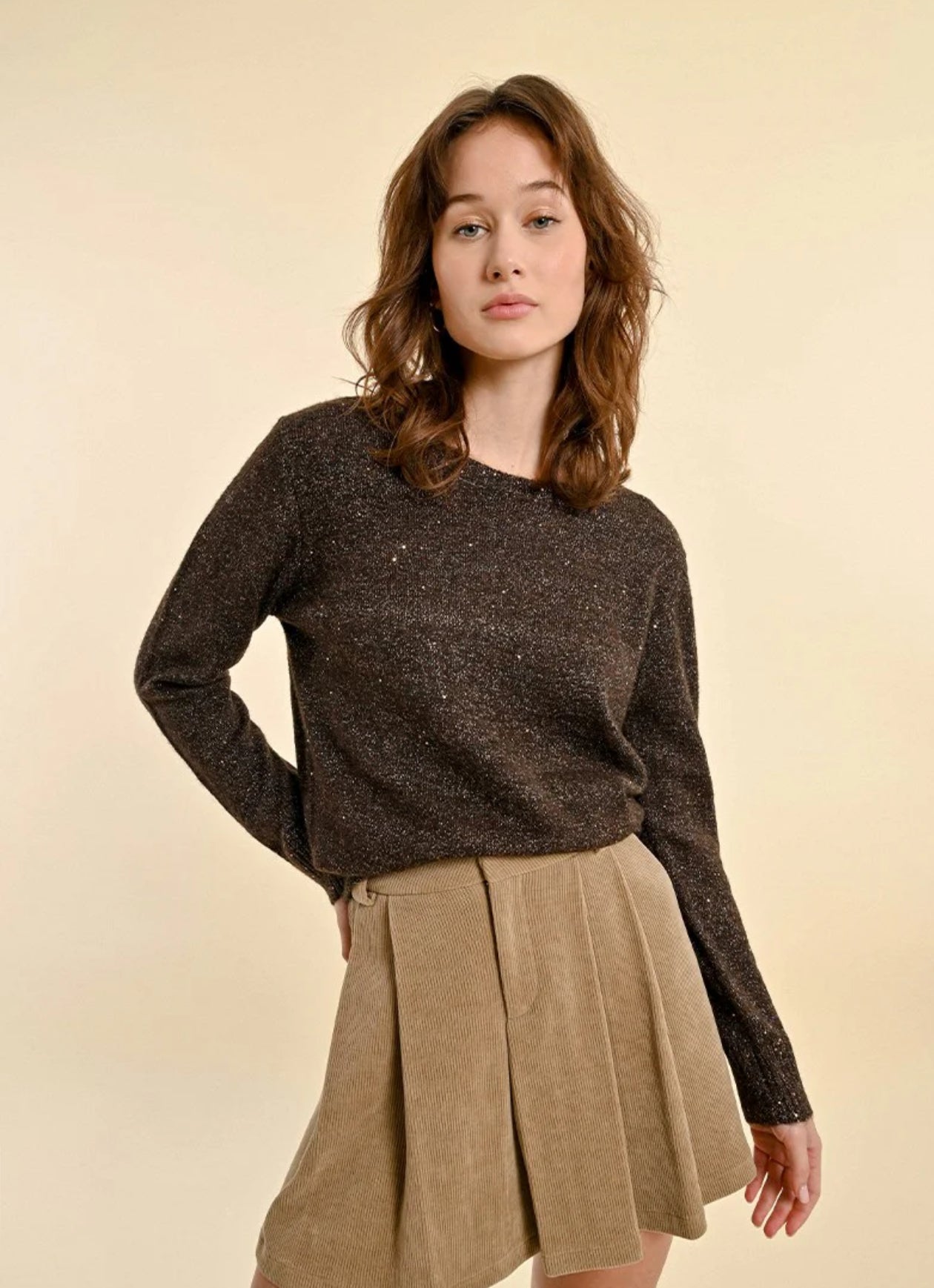 Molly Bracken Crew Neck Sparkle Sweater-Chocolate