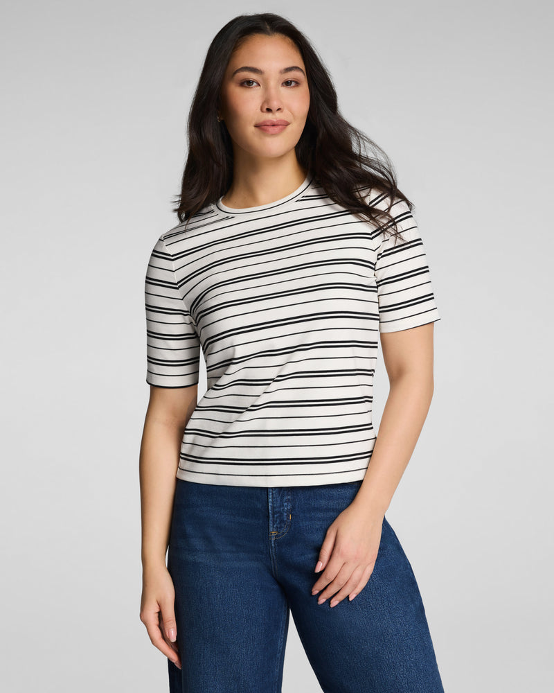 Spanx Ribbed Knit Crewneck Tee-Linen/Classic Black Stripe