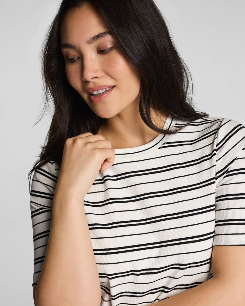 Spanx Ribbed Knit Crewneck Tee-Linen/Classic Black Stripe