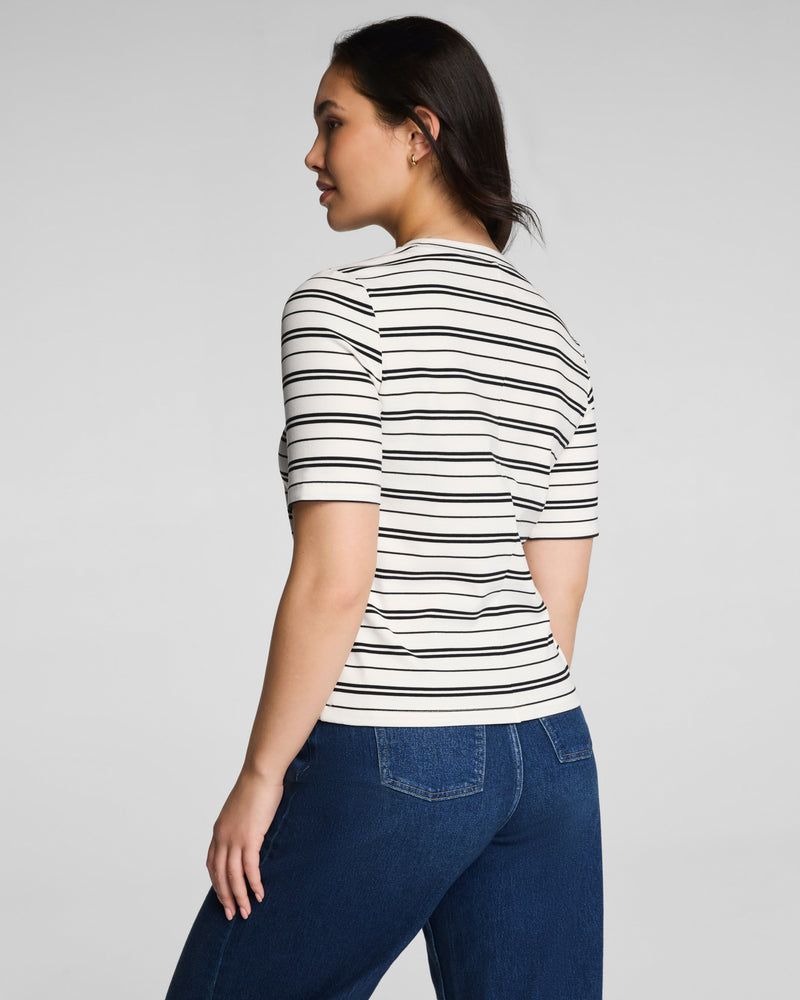 Spanx Ribbed Knit Crewneck Tee-Linen/Classic Black Stripe