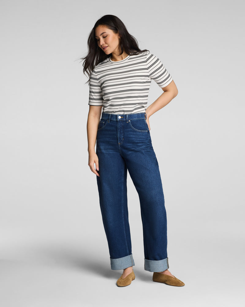 Spanx Ribbed Knit Crewneck Tee-Linen/Classic Black Stripe