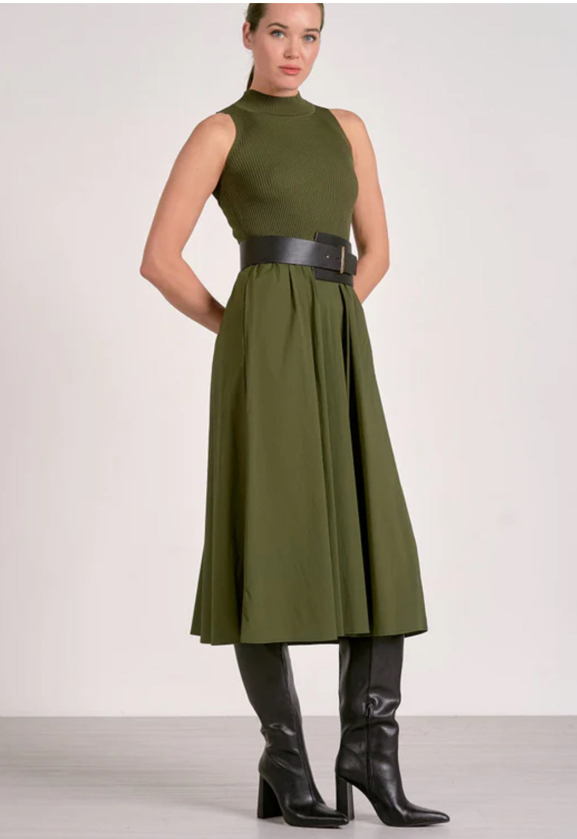 Elan “Kelsie” Mock Neck Maxi Dress - Pine