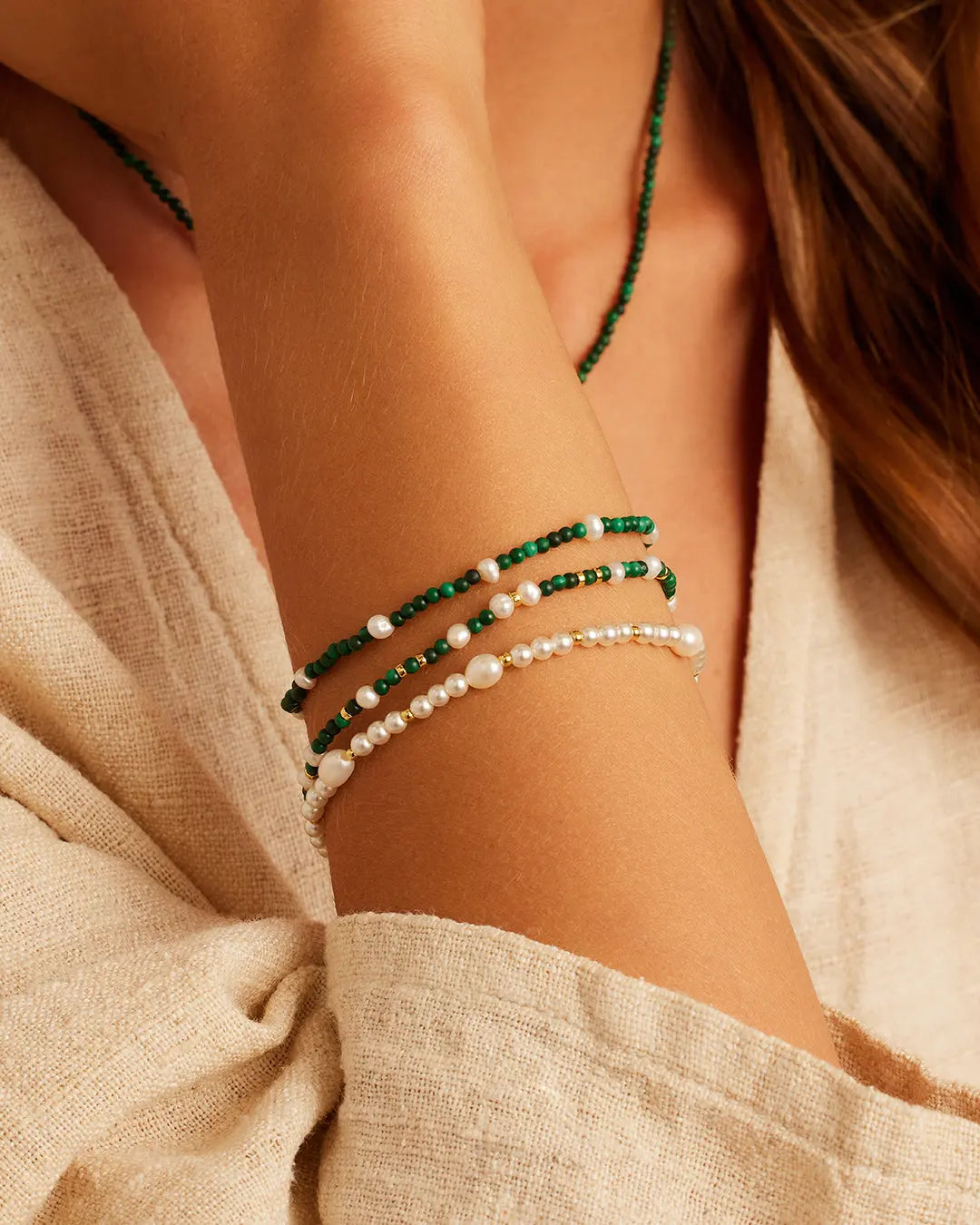 Gorjana Phoebe Beaded Bracelet Set-Pearl/Malachite