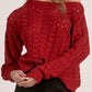 Elan Wide Neck Open Knit Sweater-Red