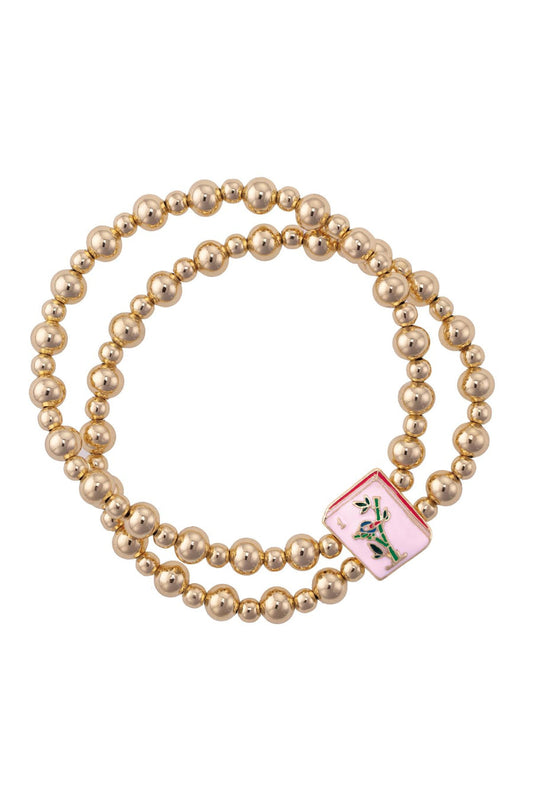 Canvas Style "Mahjong" 2-Row Ball Bead Stretch Bracelet-Gold