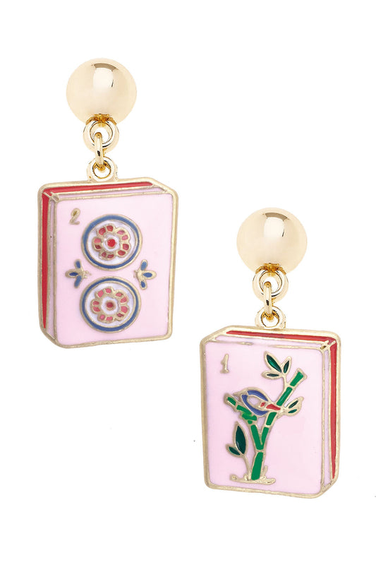 Canvas Style "Mahjong Tile" Drop Earring-Pink