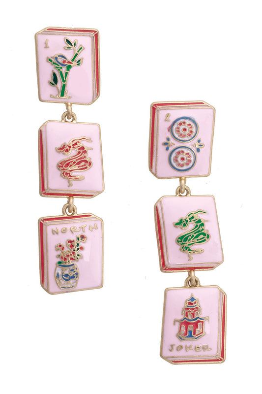 Canvas Style Linked "Mahjong Tile"  Earring-Pink