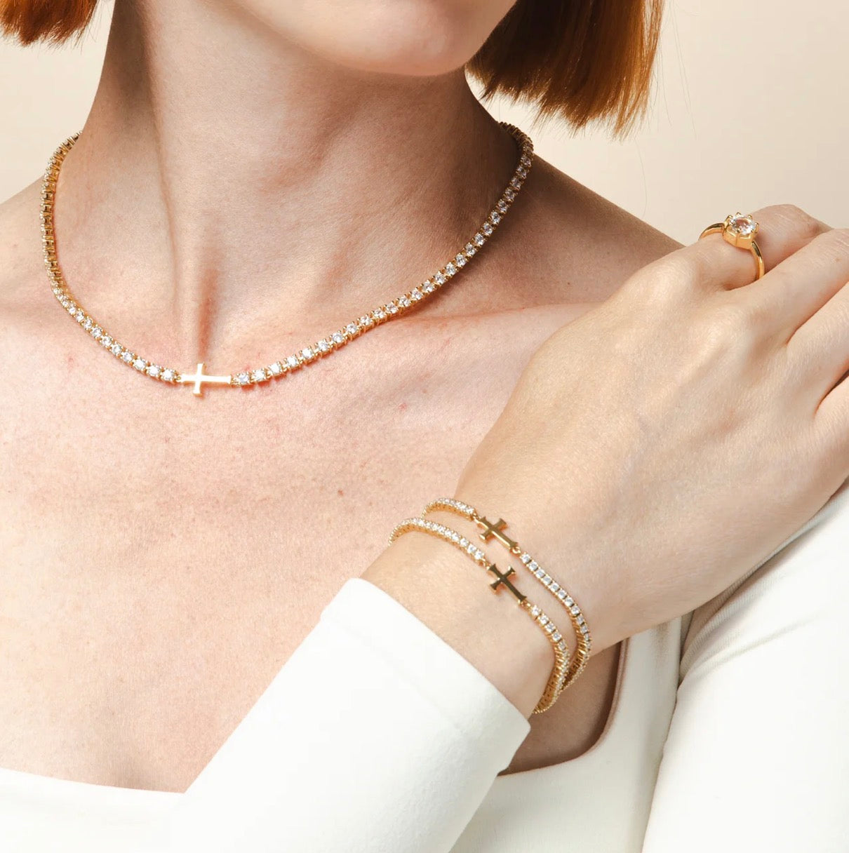 Rizen Luminous Cross Tennis Bracelet-Gold