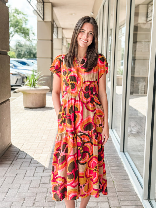Uncle Frank Bold Floral Midi Dress-Red/Orange