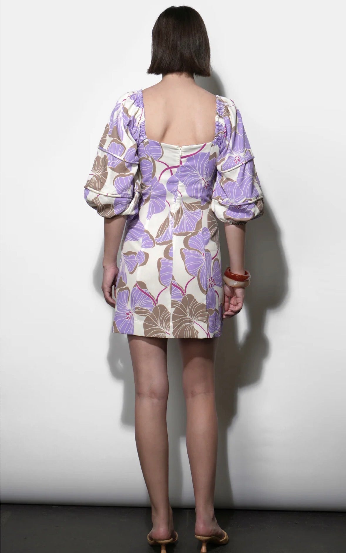 Greylin "Emery" Bubble Sleeve Piped Mini Dress-Cream/Lilac