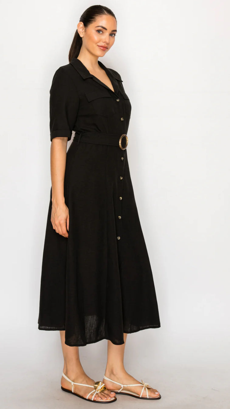 Meet Me in Santorini "Black Linen" Shirt Dress-Black