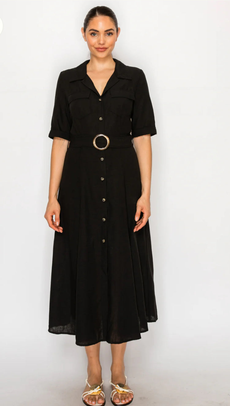 Meet Me in Santorini "Black Linen" Shirt Dress-Black