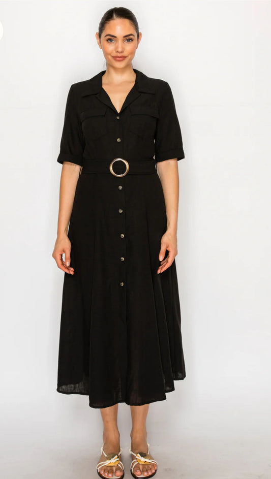 Meet Me in Santorini "Black Linen" Shirt Dress-Black