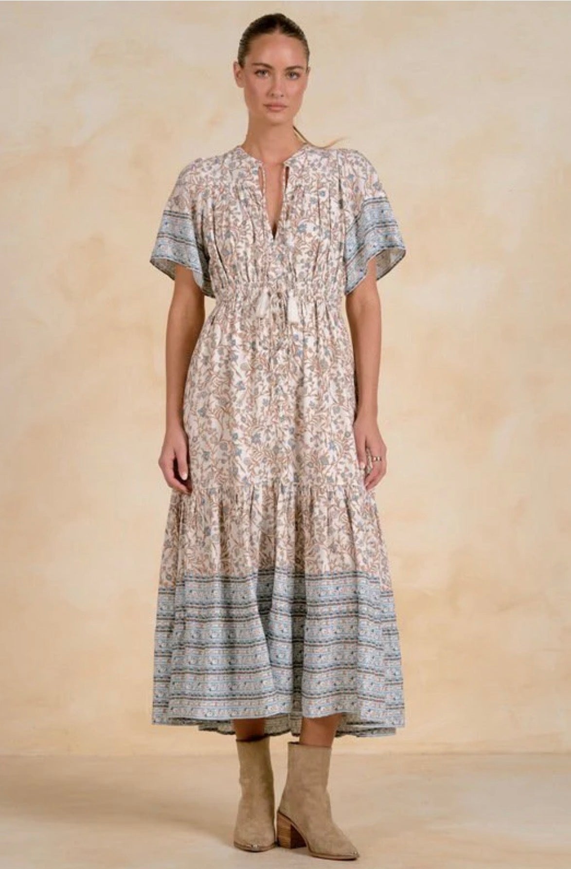 Elan S/S V-Neck Midi-Blue Whimsy Print