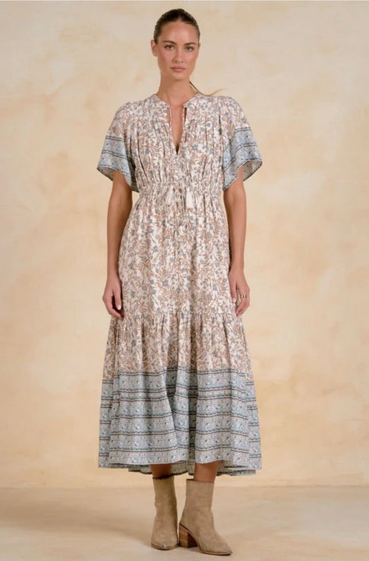 Elan S/S V-Neck Midi-Blue Whimsy Print