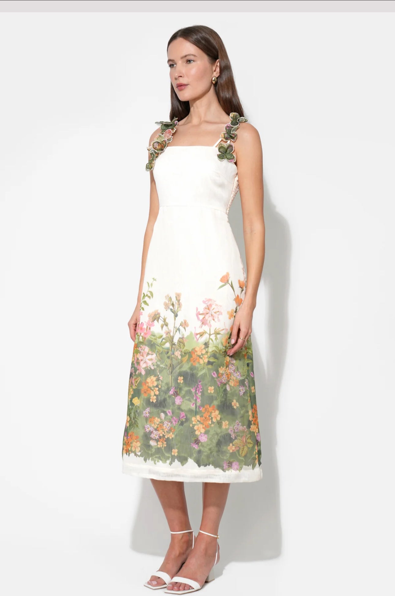Adelyn Rae "Eloise" Braided Printed Floral Midi Dress-Cream/Green