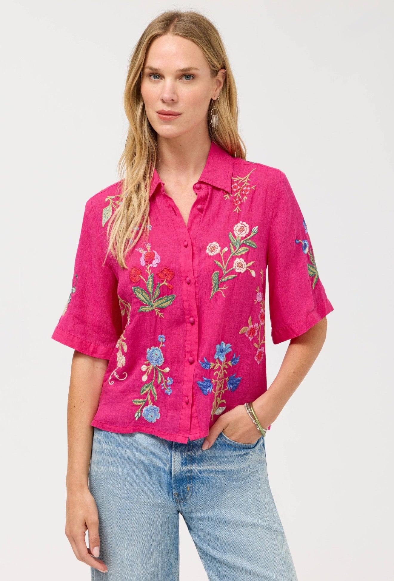 Johnny Was Relaxed Kimono Shirt-Pink Peacock