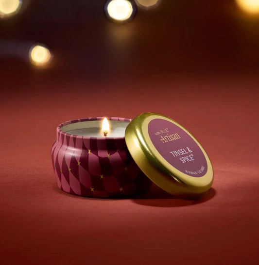 Capri Blue Artisan Winter Bazaar Candle 3oz Tin- Tinsel & Spice