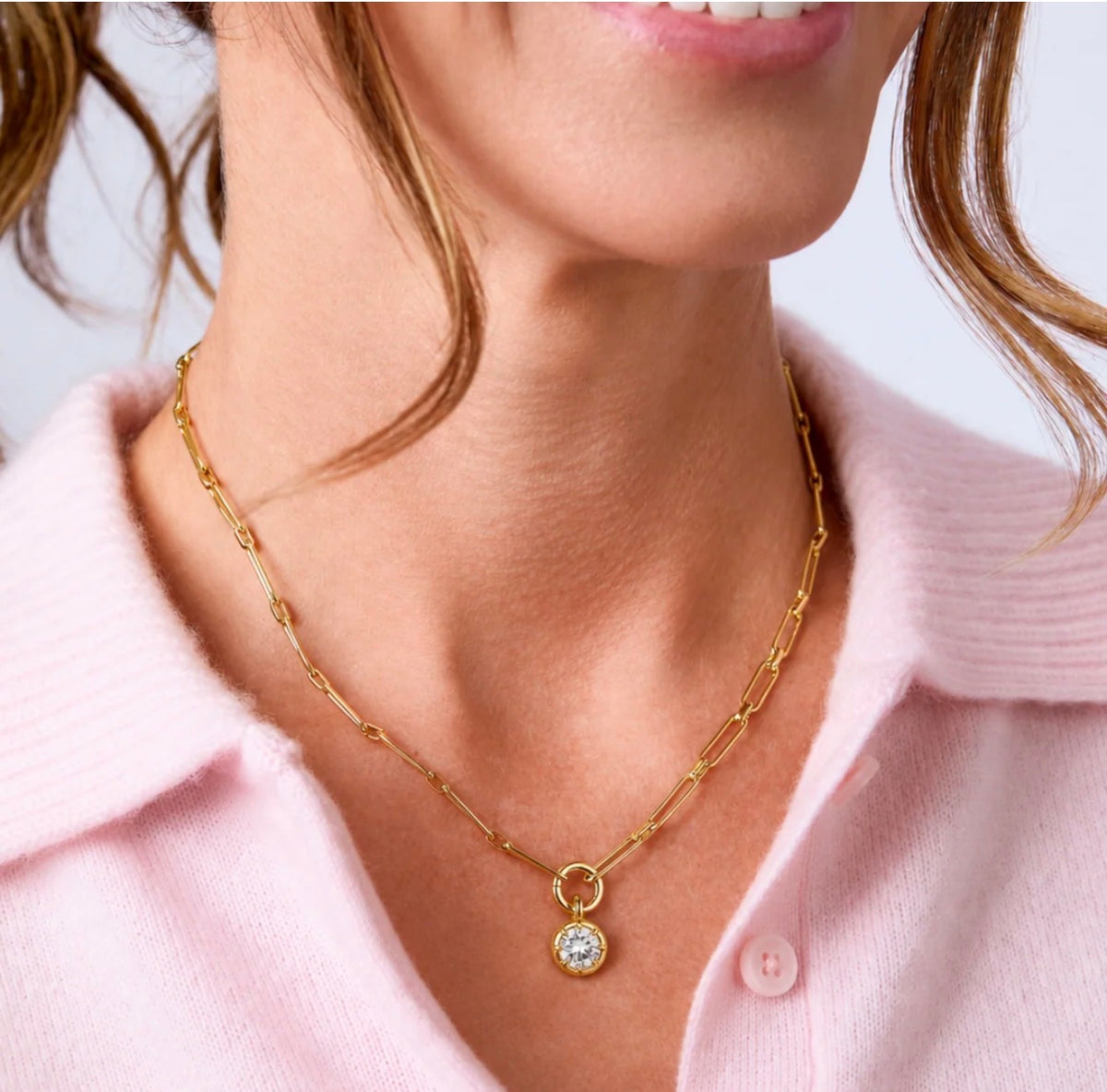 LeMel “Blaire” Bezel Round CZ Charm Necklace 18” (on Paperclip chain)
