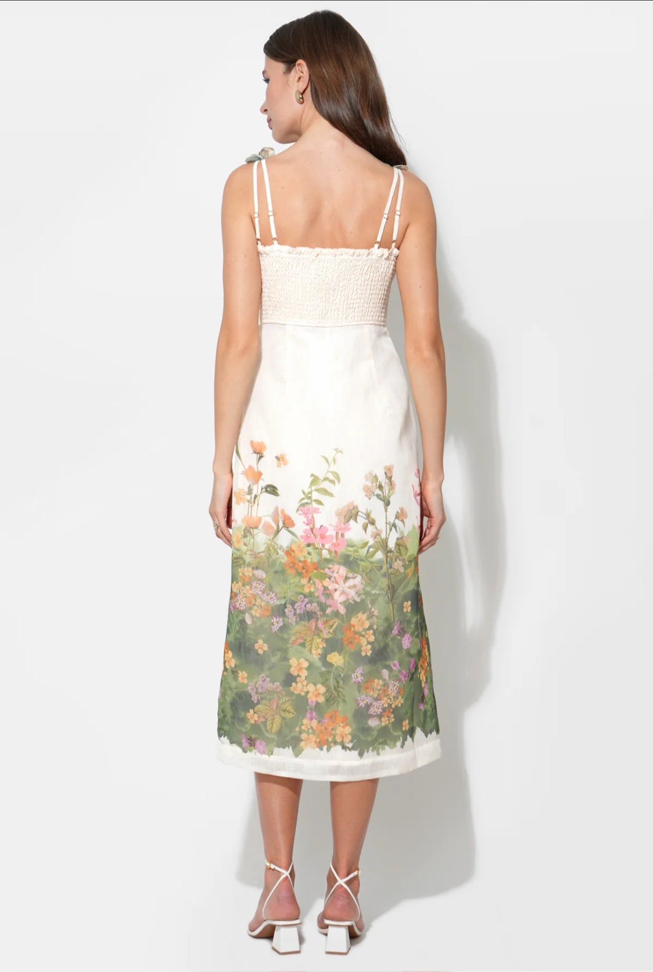 Adelyn Rae "Eloise" Braided Printed Floral Midi Dress-Cream/Green