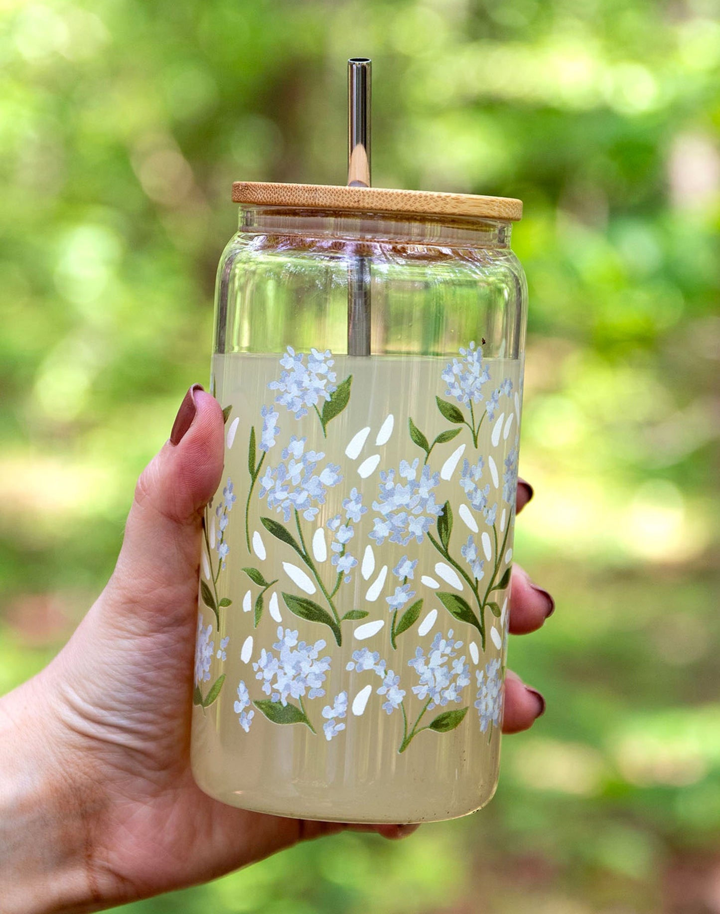 1 Canoe 2 "Hydrangeas" Glass Can with Straw