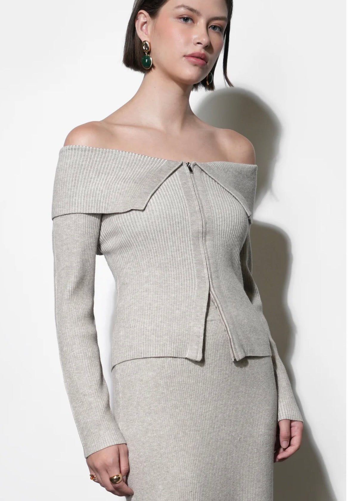 Greylin "Hazel" Off-Shoulder Zip Up Knit Top- Warm Grey
