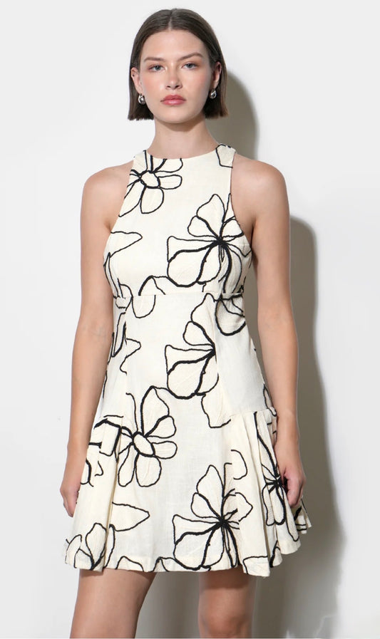 Greylin "Madeline" Large Embroidery Floral Pleated Mini Dress-Ivory/Black