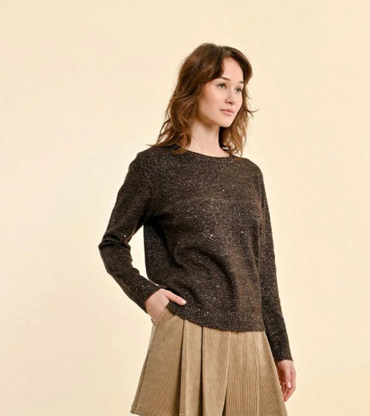 Molly Bracken Crew Neck Sparkle Sweater-Chocolate