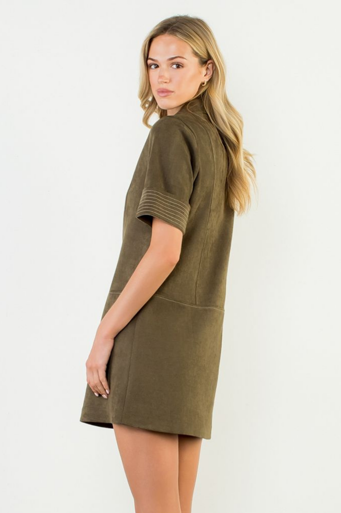 THML "Clare" S/S Collared Faux Suede Dress-Olive