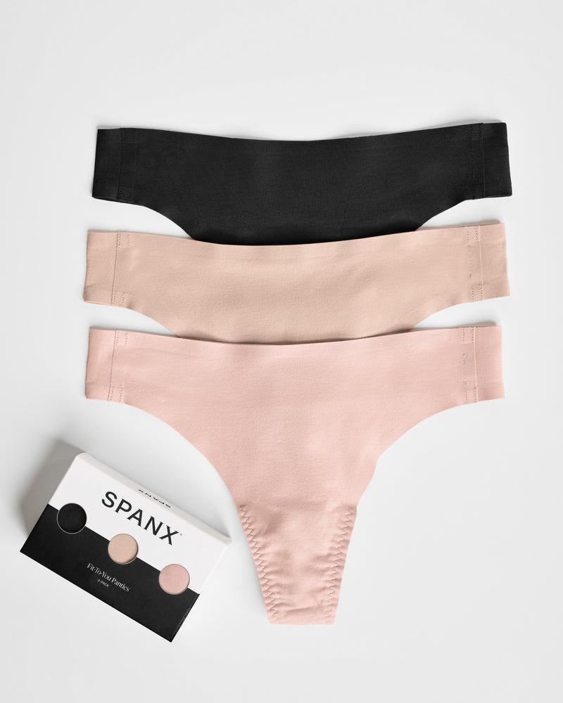Spanx SPANXsmooth® Fit-To-You Thong 3-Pack Box - Very Black/Toasted Oatmeal/Vintage Rose - One Size