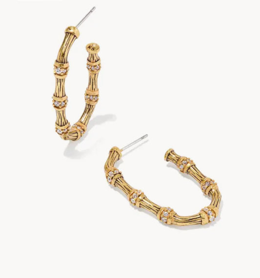 Kendra Scott Maura Bamboo Hoop Earring-Vintage Gold White Crystal