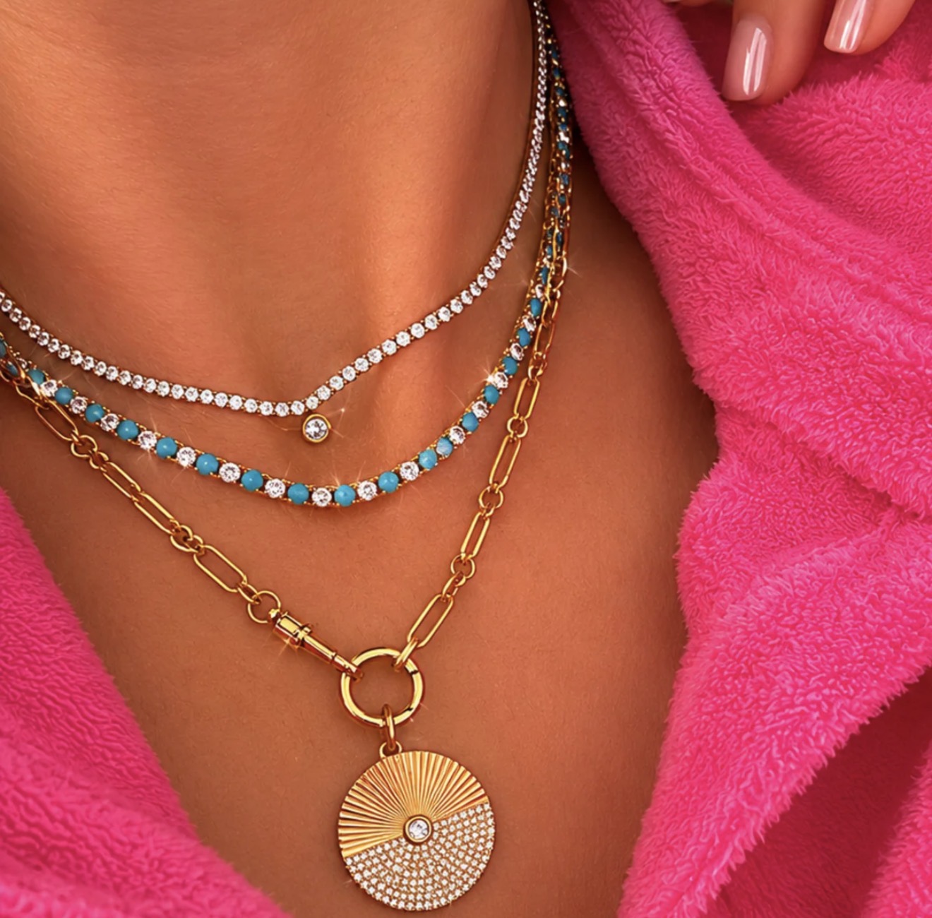 LeMel Dee Alternating Turquoise & CZ Tennis Necklace-16” Gold