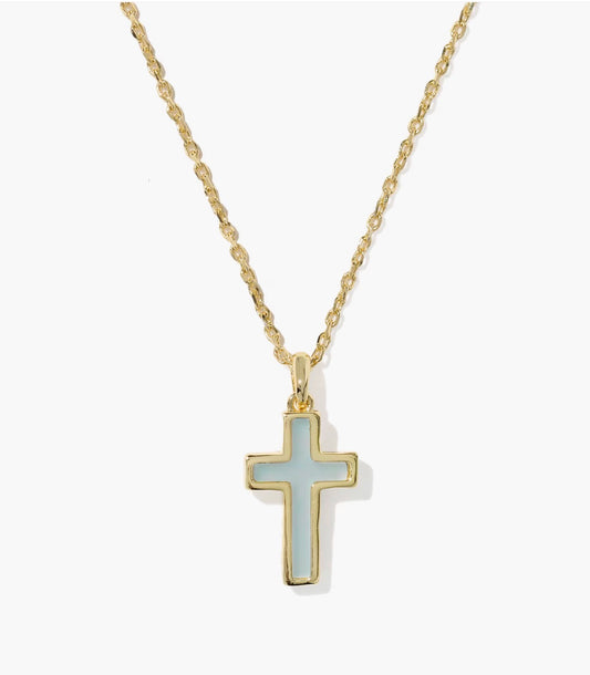 Kendra Scott Cross Pendant Necklace-Gold Matte Light Blue Diochroic
