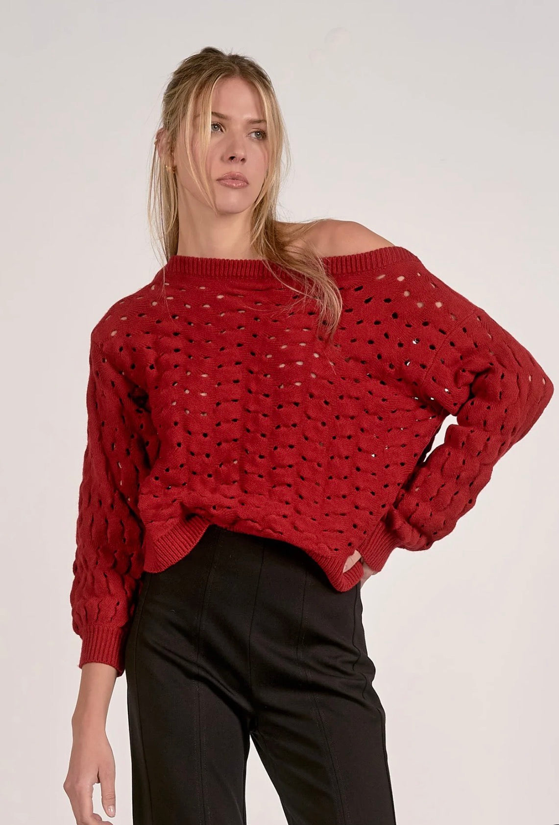 Elan Wide Neck Open Knit Sweater-Red