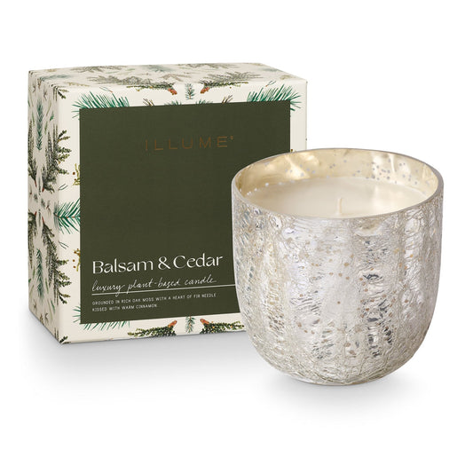 Illume "Balsam & Cedar" Large Boxed Crackle Glass Candle