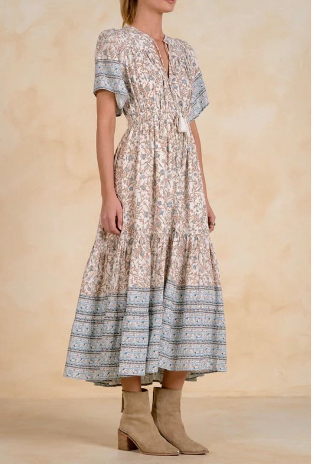 Elan S/S V-Neck Midi-Blue Whimsy Print