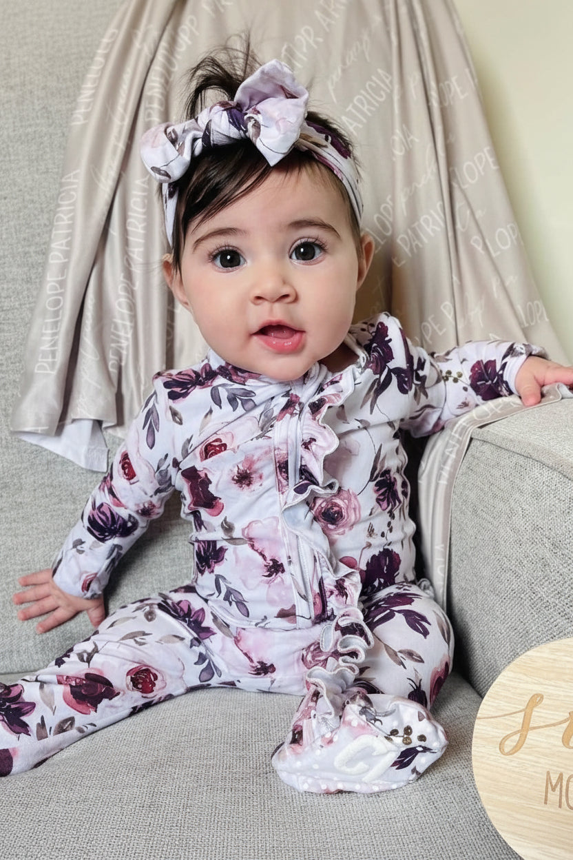 Caden Lane “Demi's Dusty Purple Floral” Ruffle Zipper Footie