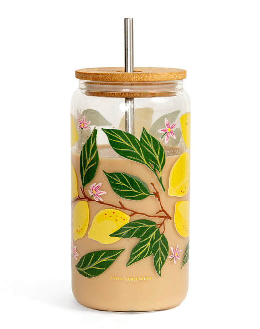 Paper Farm Press "Lemon Grove" Glass Can with Straw