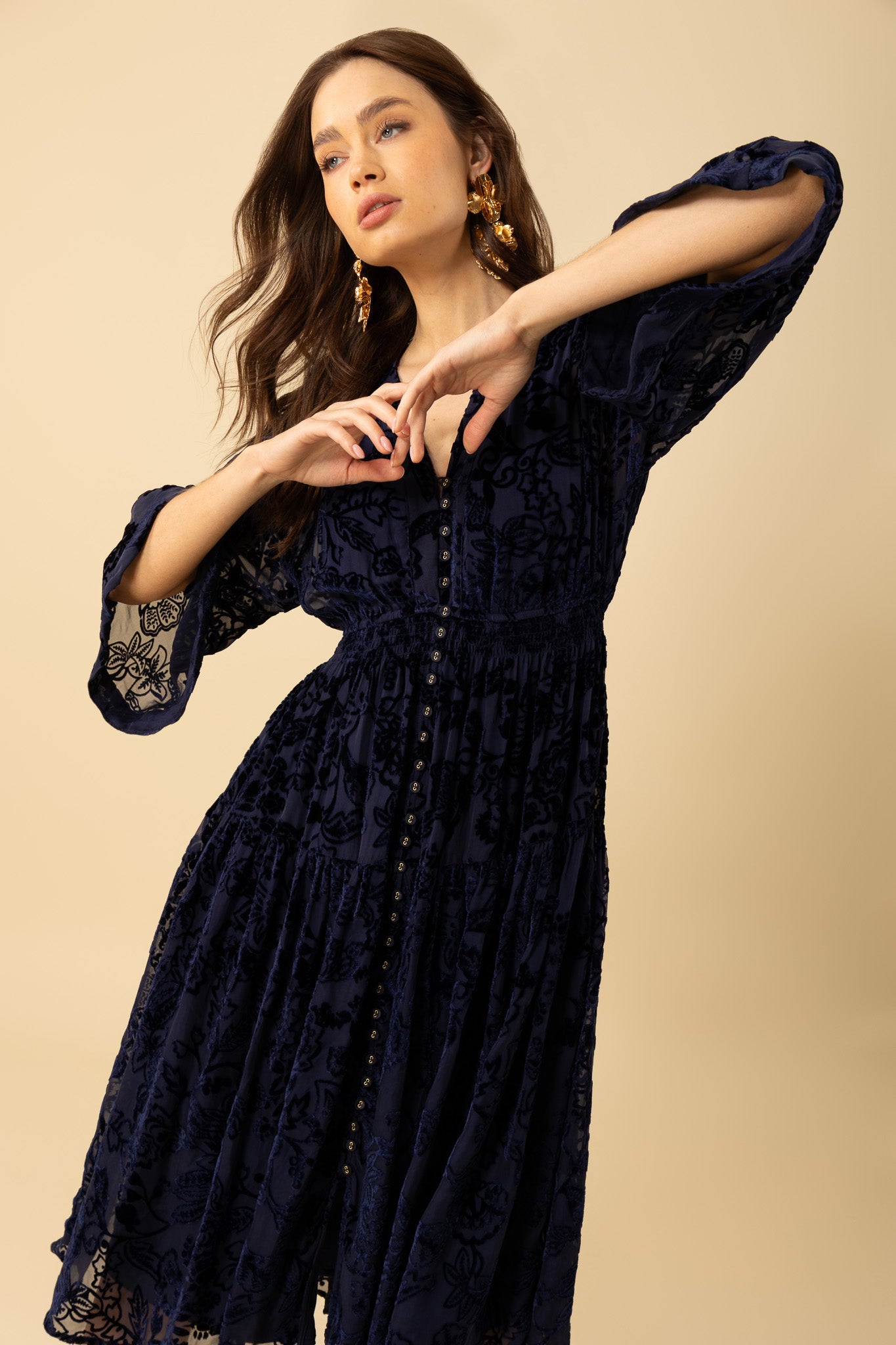 Hale Bob "Raven" Velvet Burnout Dress-Navy