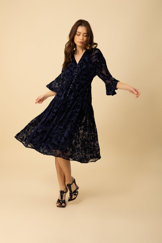 Hale Bob "Raven" Velvet Burnout Dress-Navy