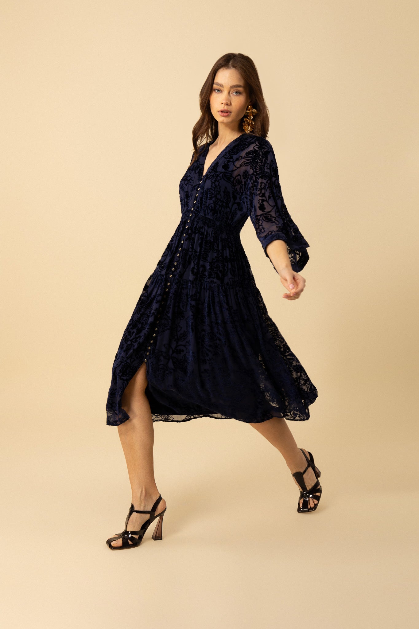 Hale Bob "Raven" Velvet Burnout Dress-Navy